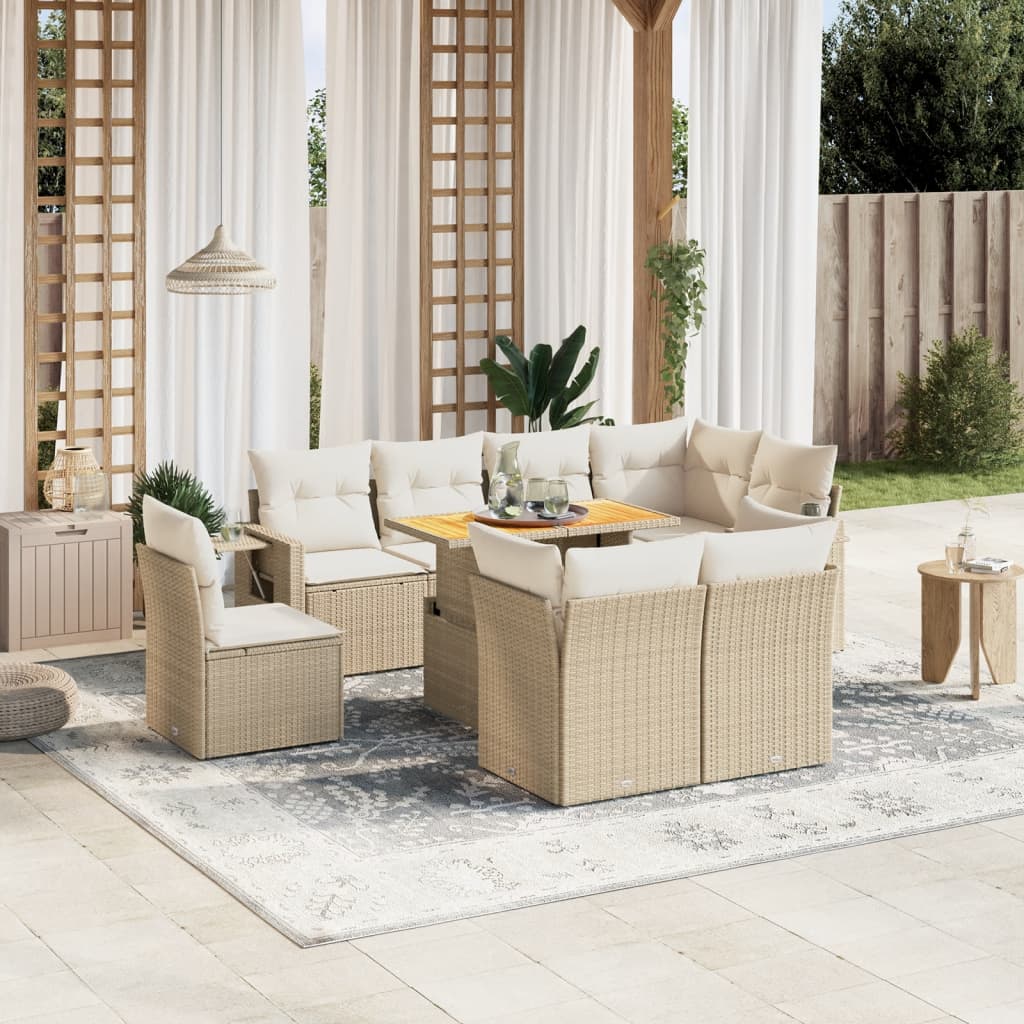 9-tlg. Garten-Sofagarnitur mit Kissen Beige Poly Rattan
